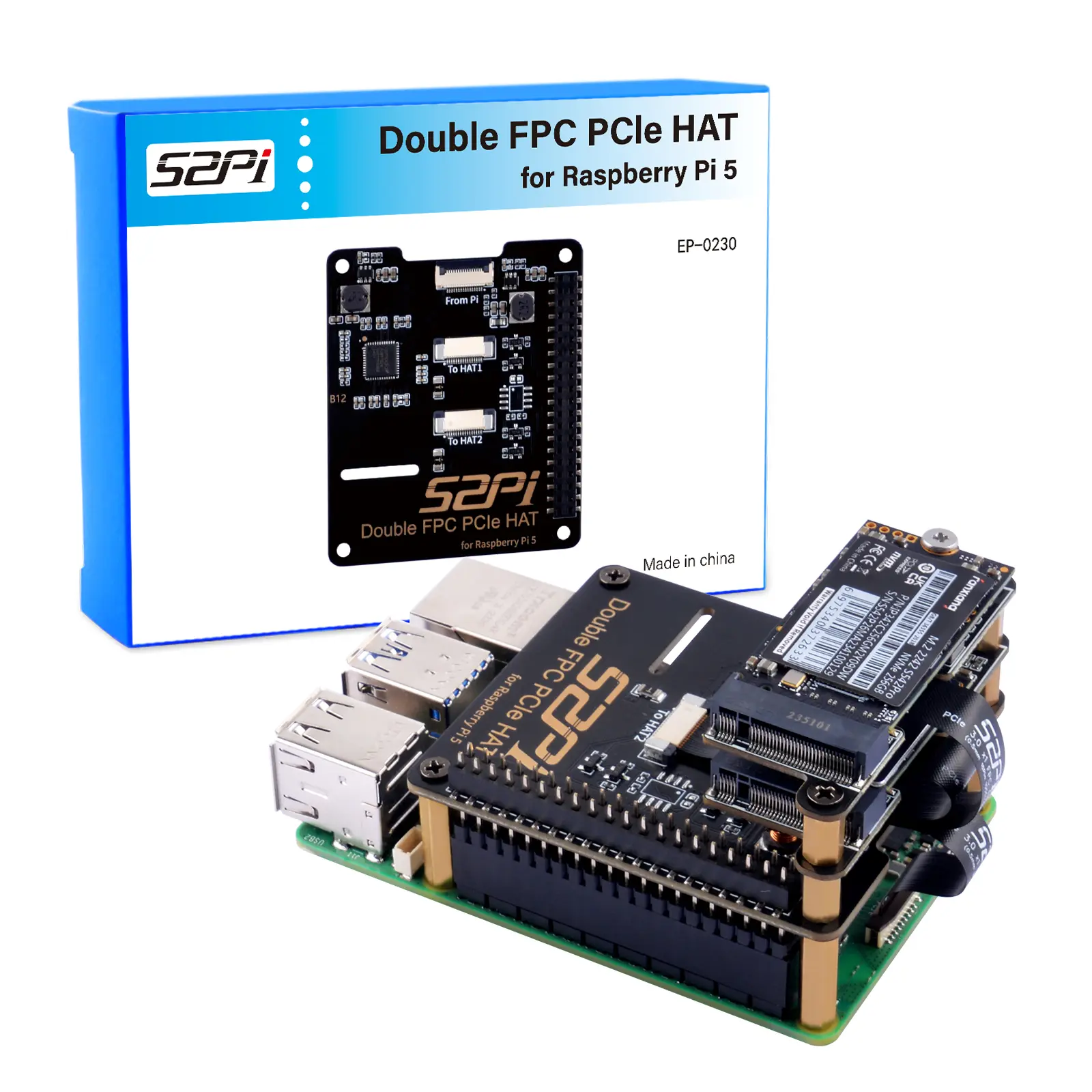 52Pi 1x Double FPC PCIe HAT for Raspberry Pi 5 - B12 HAT with 1-to-2 Interface, 40-Pin GPIO Pin Header, 1x M2.5 Screwdriver, 2x 8.5*40mm PCIe FFC Cables, 4x M2.5*17mm Copper Pillars, 1 X Double Fpc Pcie Hat