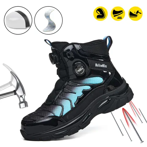 MELLOWMILES Men's Gradient Mid-Cut Steel Toe Shoes, Lightweight Breathable Non Slip Work & Safety Footwear, Anti-Impact Puncture-Resistant, Rotatory Lace-Free, for Construction Blue-Collar Workers