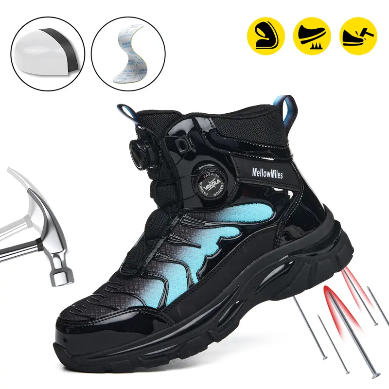 MELLOWMILES Men's Gradient Mid-Cut Steel Toe Shoes, Lightweight Breathable Non Slip Work & Safety Footwear, Anti-Impact Puncture-Resistant, Rotatory Lace-Free, for Construction Blue-Collar Workers