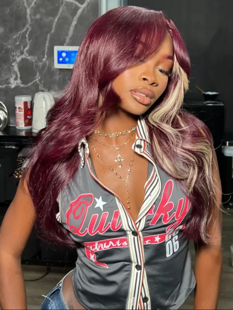 26 Inch Burgundy Red with Cream Blonde Highlights - Silky Body Wave Heat Resistant Fiber Wig Natural Hairline Red Highlight Wig