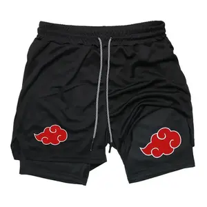 Men's 2-in-1 Athletic Shorts With Naruto Akatsuki Red Cloud Print Quick Dry Anime Gym Casual Streetwear Shorts Japanese Streetwear Summer Outfits Men Shorts Gifts for Him Compression Liner Performance Gym Workout Athletic