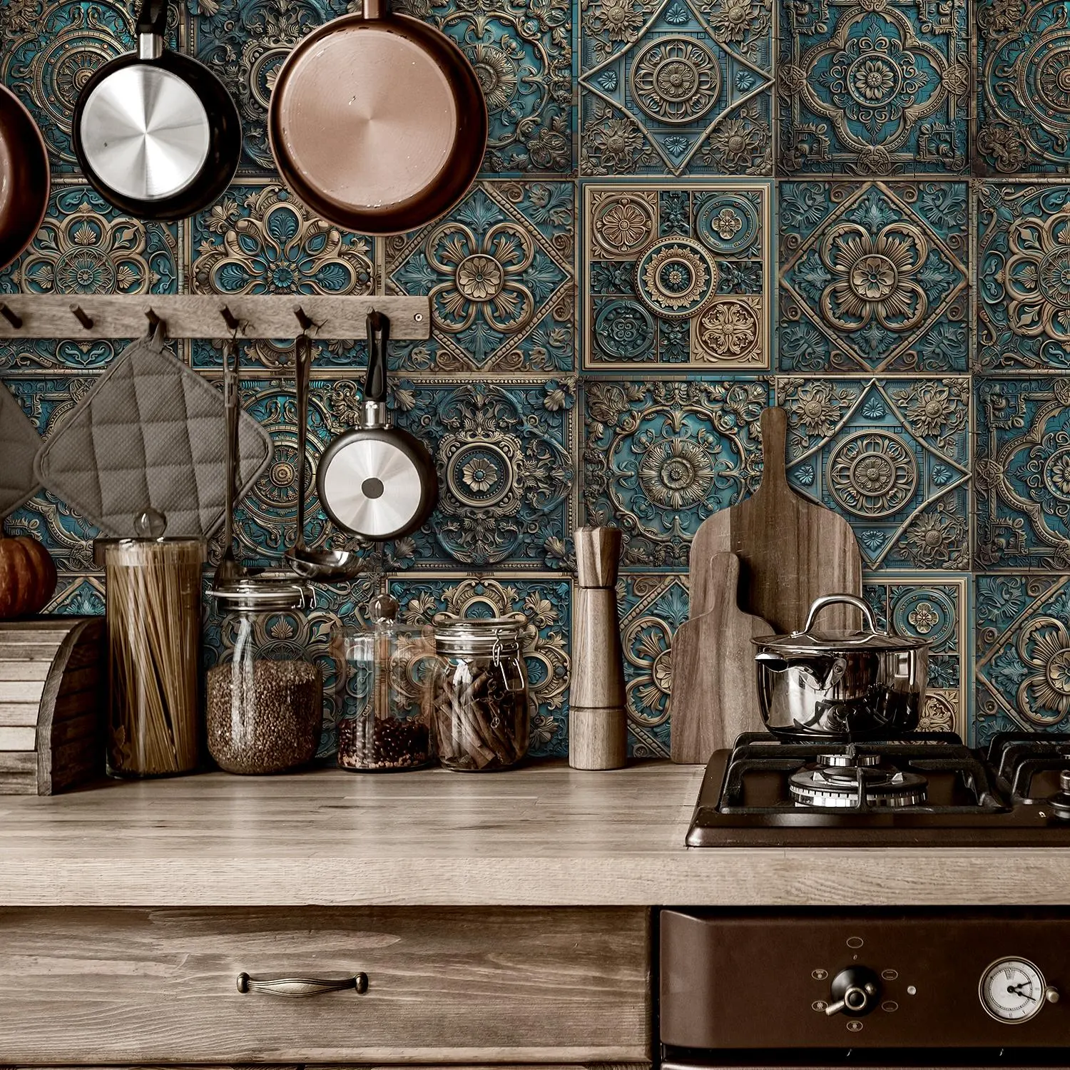 Vintage Geometric Pattern Wall Sticker, 20pcs/set Self-adhesive Wall Decal, Decorative Wall Tile Sticker for Home Kitchen Bathroom