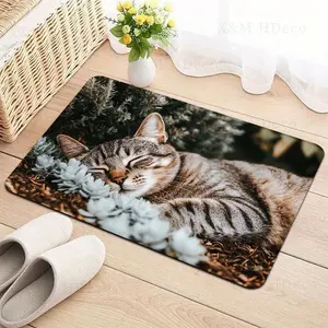 Cozy Sleeping Tabby Cat Succulent Doormat Soft Diatomite Material with 100% Non-Slip Rubber Backing Soft Absorbent Stone Mat with Heartwarming Realistic Design Suitable for Laundry Rooms, Bathrooms, Kitchens, Living Rooms and Corridors Home Decor Rug