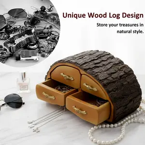 Vintage Tree Stump Jewelry Box, Four Drawer Wooden Storage Box, Weathered Bark Texture Display Cabinet, Boho Style Resin Organizer