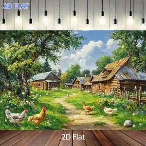 2D Flat Banner 1pc, Suitable for Props, Party Decorations, Background Banner - Rustic Farm Banner with Chickens, Trees & Log Cabins Backdrop - Multicolor Countryside Wall Hanging for /Outdoor Use, Birthday, Ho