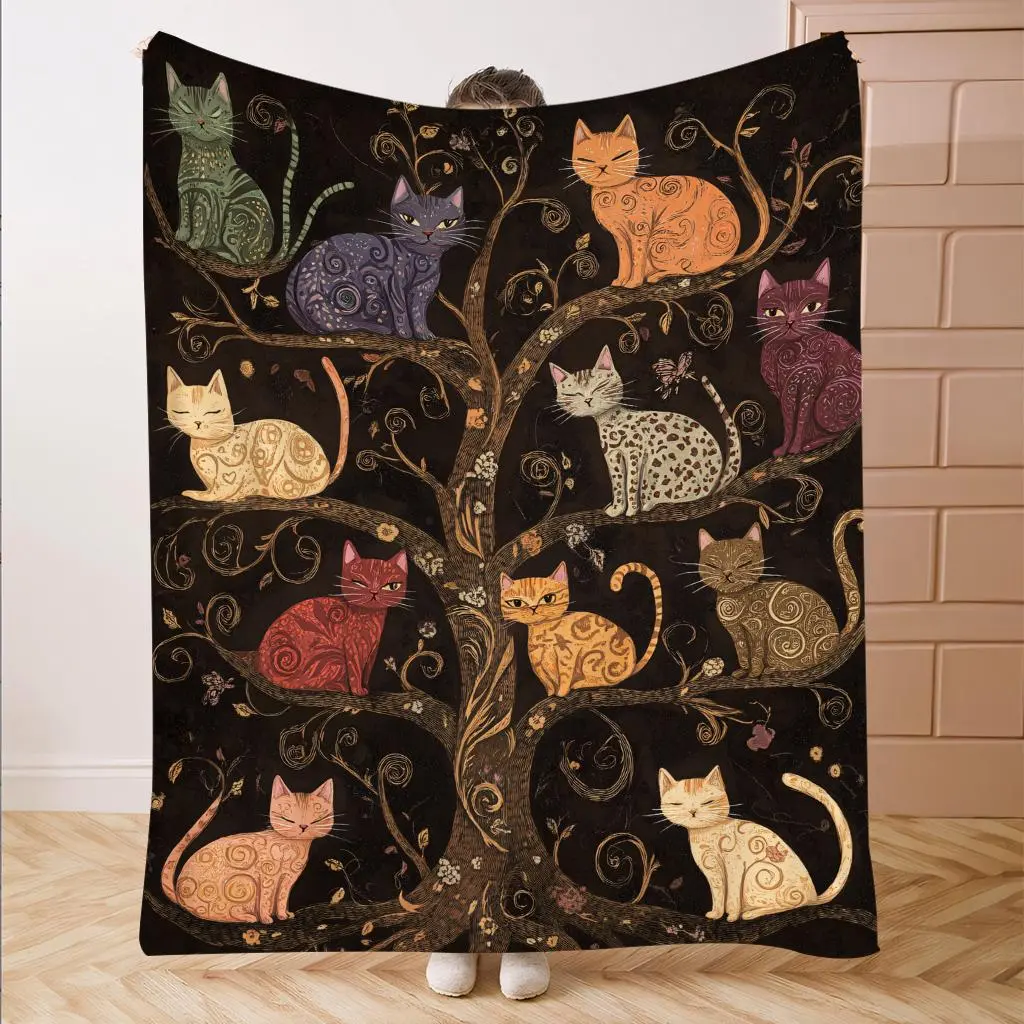 Cat Tree Pattern Blanket, Soft Comfortable Throw Blanket, Cool Bedroom Bedding Blankets, Warm Napping Blanket for Home Office Travel Camping, Soft Comfy Blanket