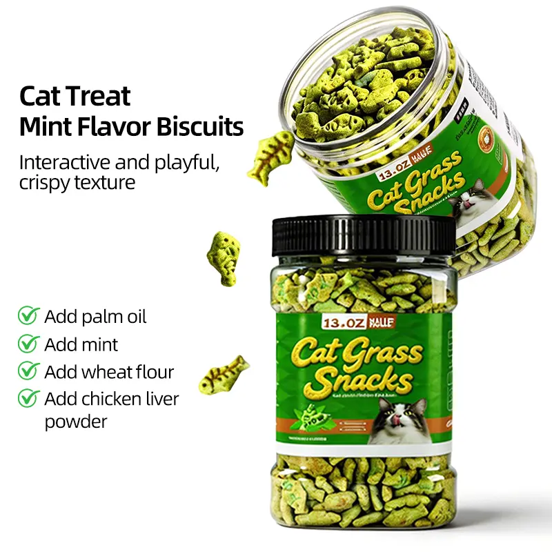 13.4 OZ Cat Grass Treats Natural Salmon Flavor Healthy Cat Snacks Training Biscuits Catnip for Cats Dental and Hairball Control Treats Remedy Chews cathair balls