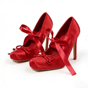 Women's Ballet Heels Satin High Heels for Women Square Toe Pumps with Oversized Bow & Ankle Ribbon Tie  Elegant Stiletto Heel Cute Toe Bow Detail Satin Material Fashion Statement Footwear for Parties Special Occasions