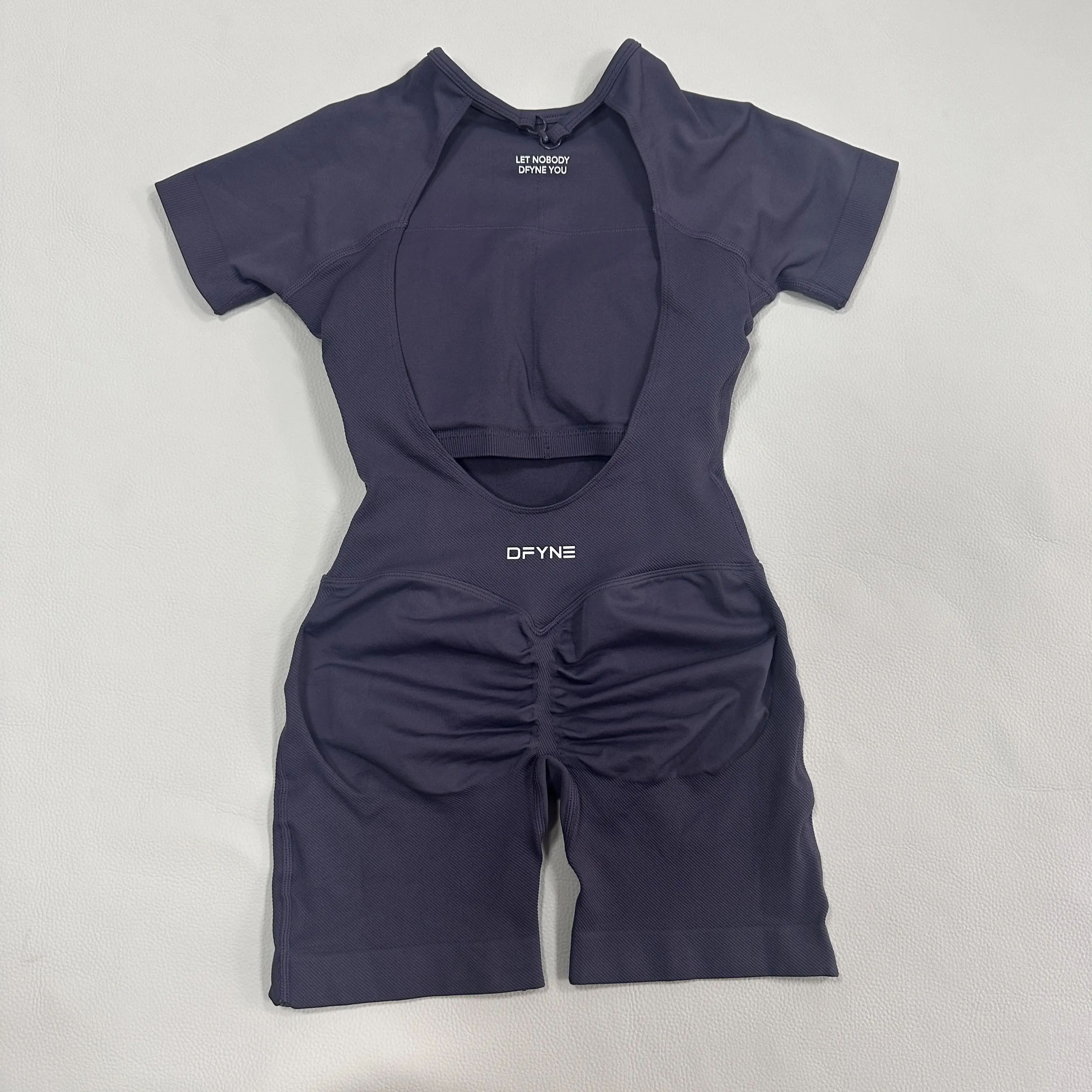 DFYNE Sculpting Seamless Bodysuit – Short Sleeve Yoga Romper with Open Back Design