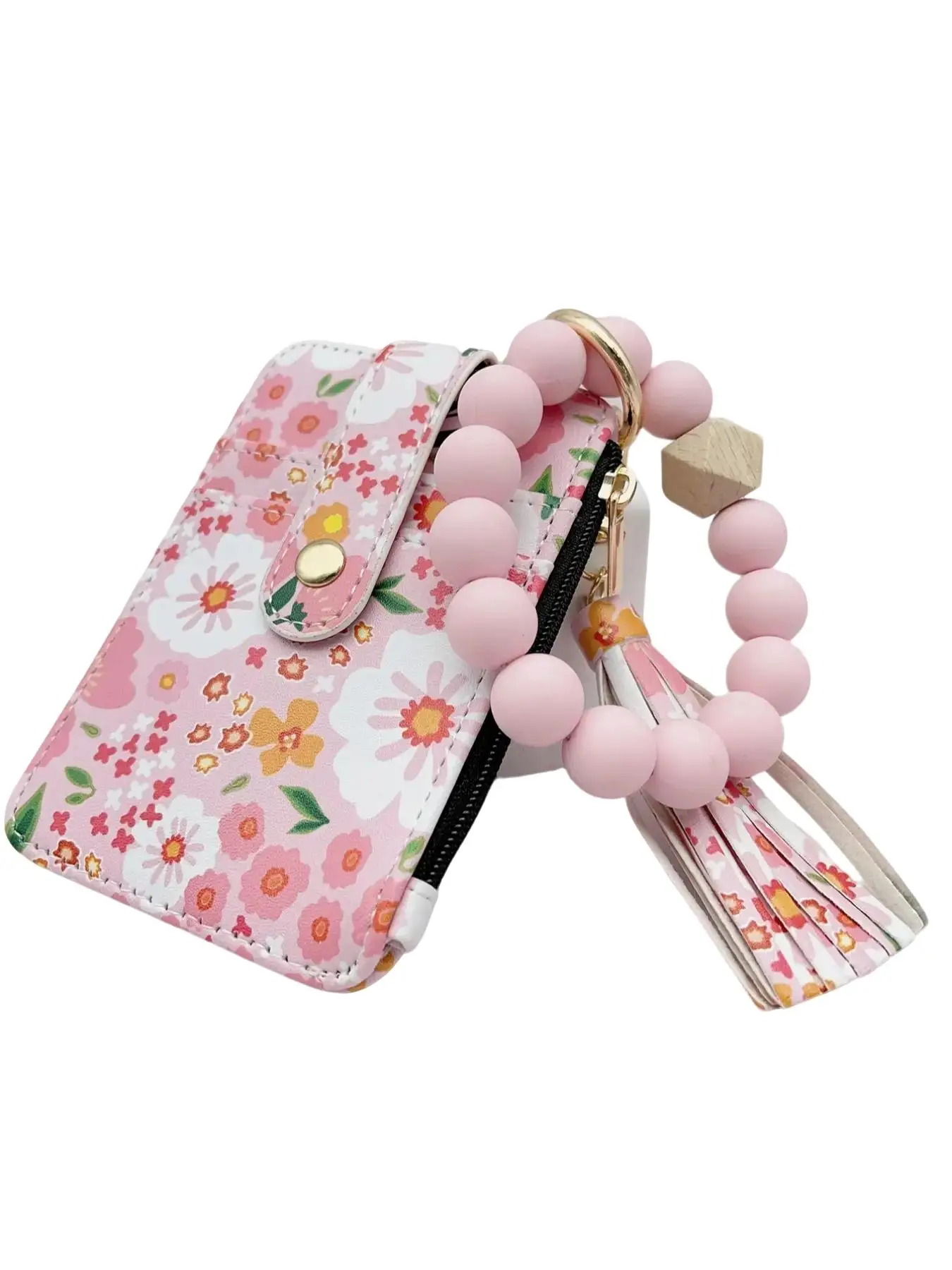 Women's Boho Style Beaded & Tassel Charms Keychain with Flower Pattern Wallet, Floral Pattern Keychain Pendant, Bag Essentials, Gifts for Girlfriend,