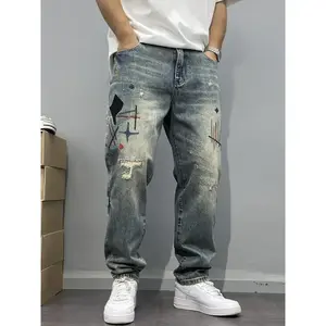 Washed Vintage Distressed Patchwork Embroidered for Men, Tapered Straight-Leg Pants, High Street Style Men's Pants Trend Jean Menswear