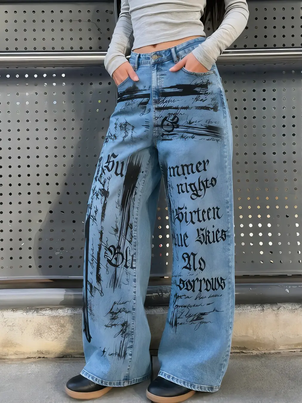 Summer Retro Gothic Text Ink Graffiti Straight Wide Leg Denim Jeans Unisex High Waist Draped Loose Pants