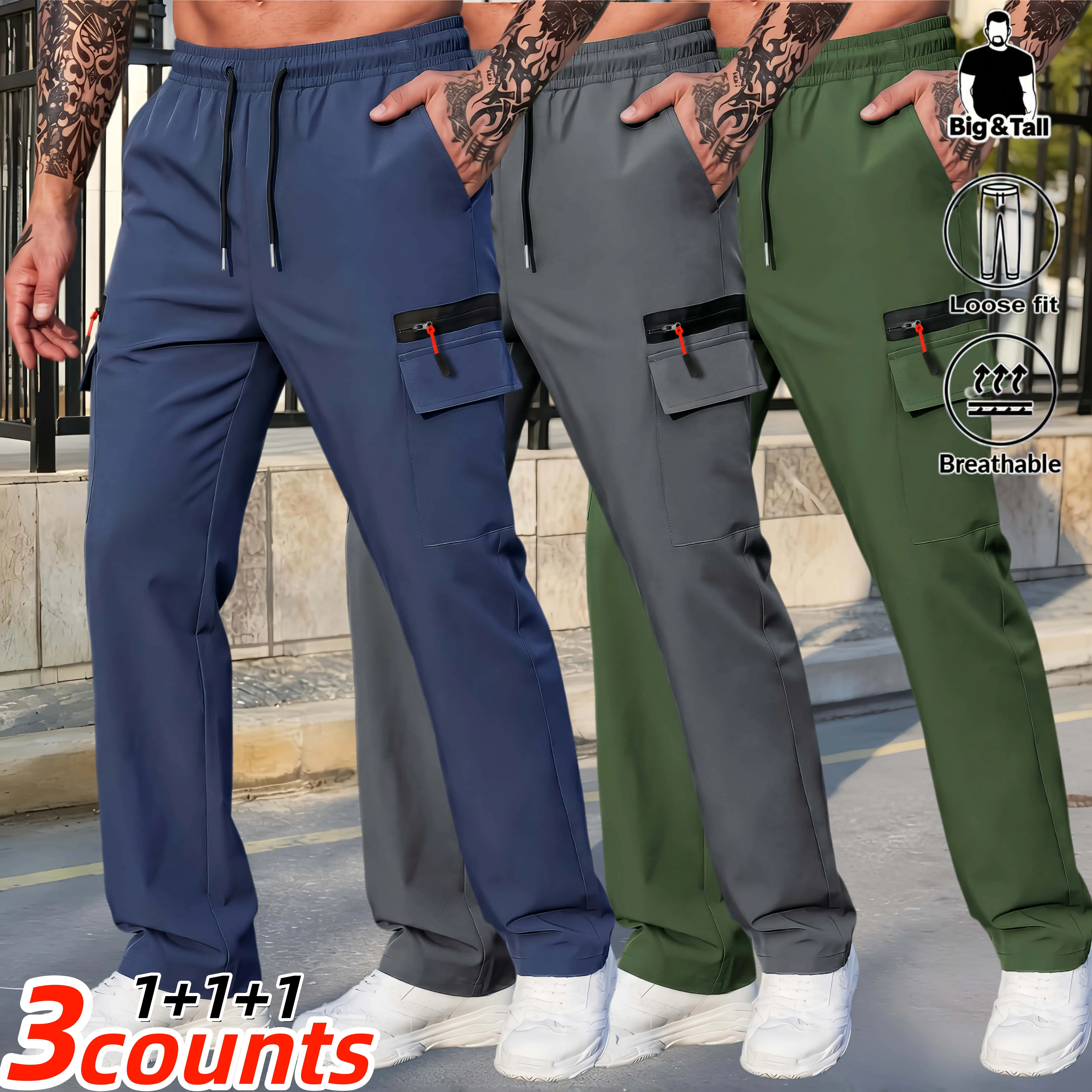 3 Pack plus size Lightweight Quick Dry Cargo Jogger Pants, Breathable Loose Fit Athletic Hiking Trousers, Multi Zipper Pocket Elastic Waist Stretch Outdoor Casual Work Pants for Summer Travel Daily Wear，Comfy Elastic Waist Drawstring Pants
