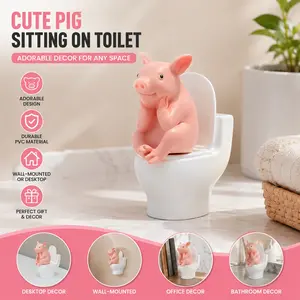 Cute Piggy on Toilet Seat PVC Bathroom Decor, Desktop or Wall Mount, Home Office Desk and Living Room Display, Home and Bath Decoration