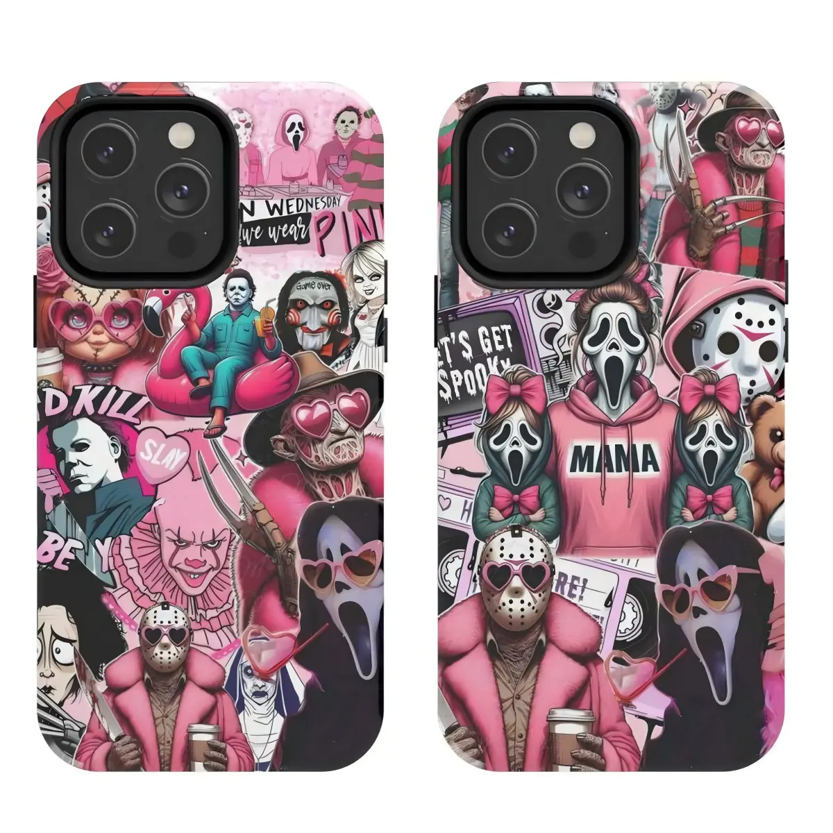 Pink Style Scary Movie Phone Case Horror Character Spooky Halloween Vibe Perfect Fans Gift Shockproof Protection Cover For iPhone 17 16 15 14 13 12 11  Pro Plus Promax Dual-Layer Film Case  Anti-Yellowing Hard Back with Soft TPU Frame