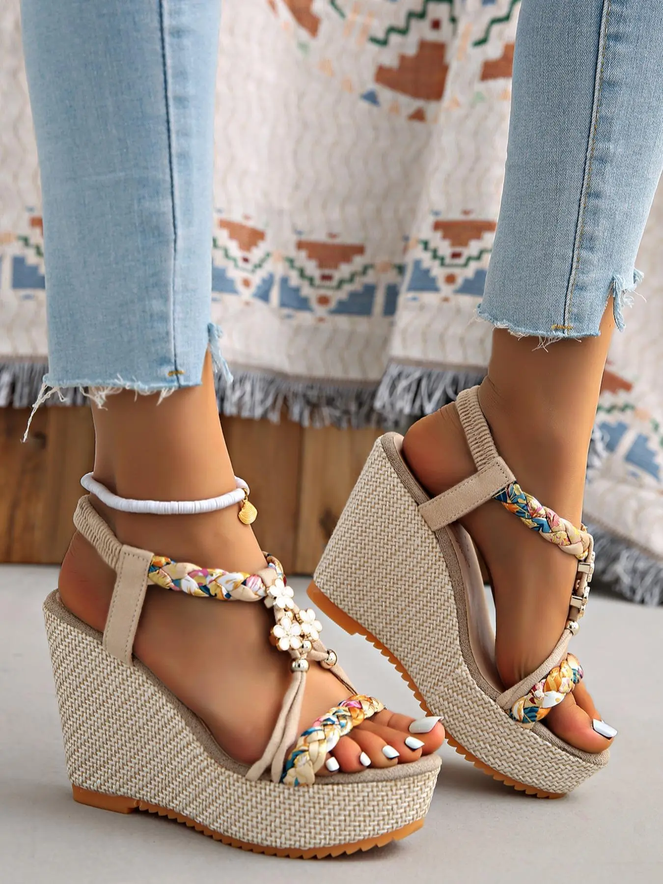 Women's Classy Fashionable Stylish Elegant Floral Design Wedge Sandals, Boho Style Platform Flatform Sandals for Beach Vacation, All-match Commuter Shoes for Work & Daily Wear, Thick Bottom Shoes