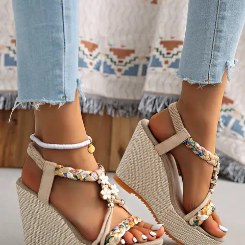 Women's Classy Fashionable Stylish Elegant Floral Design Wedge Sandals, Boho Style Platform Flatform Sandals for Beach Vacation, All-match Commuter Shoes for Work & Daily Wear, Thick Bottom Shoes