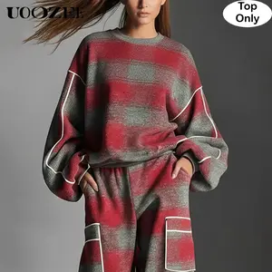 UOOZEE Women's New Spring Autumn Oversized Contrast Color Plaid Round-Neck Pullover Sweatershirt (Top Only), Year-Round Casual/Streetwear/Lounge Drop-Shoulder Top for Women(Sizing Runs Large-Order One Size Down)