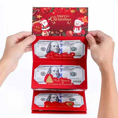 FuRise Christmas Santa Dollar Folding Red Envelope 6-Slot DIY Gold Stamping Set with Envelope & Ribbon, Holiday Gift Red Packet Party Decoration