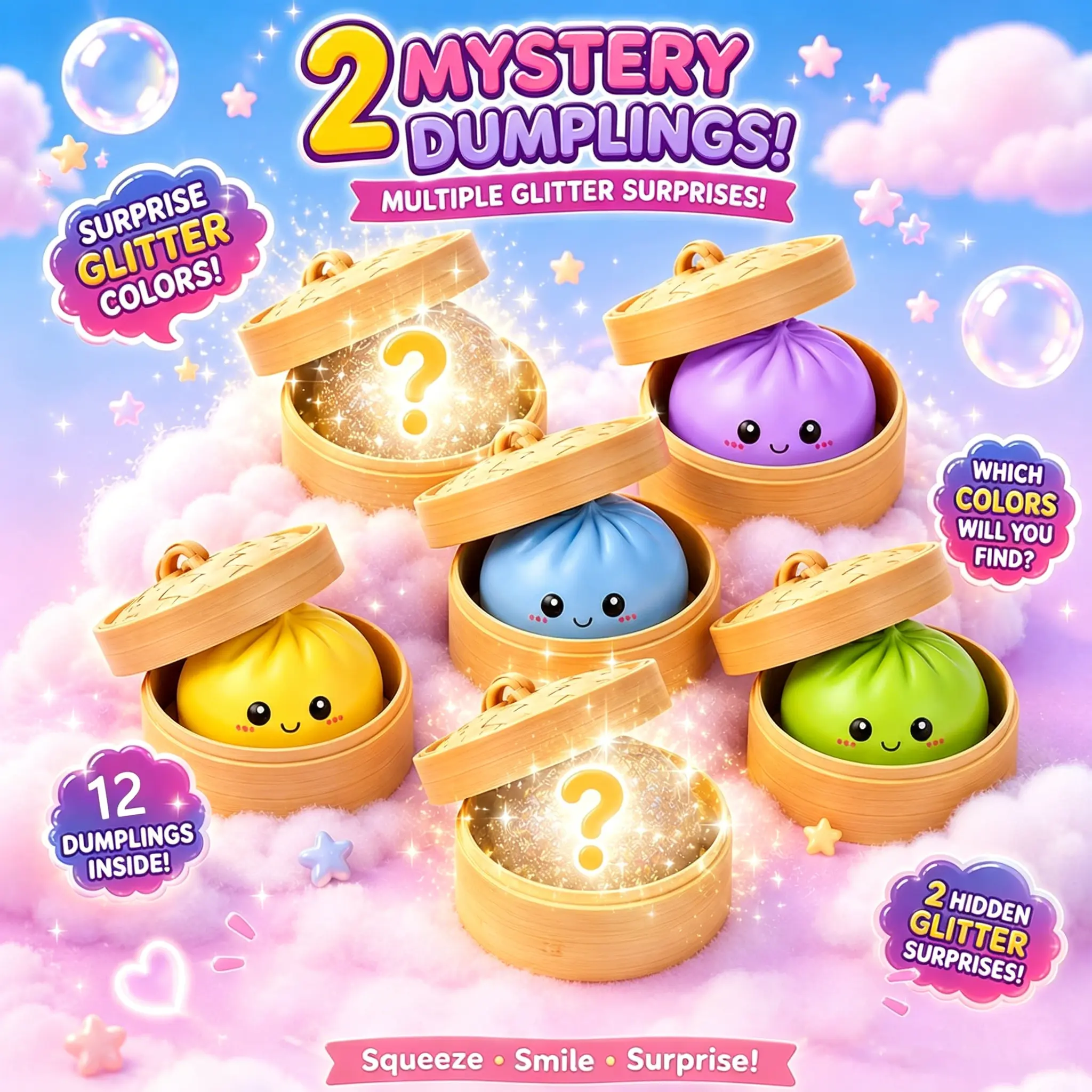 Kawaii Soft TPR Eco-Friendly Dumpling Squishy Toy - 12-piece Box Squishy Fun, 10 Vibrant Squishies + 2 Hidden Glitter Surprises, Pocket Stress Relief Gadget for 3+ Boys