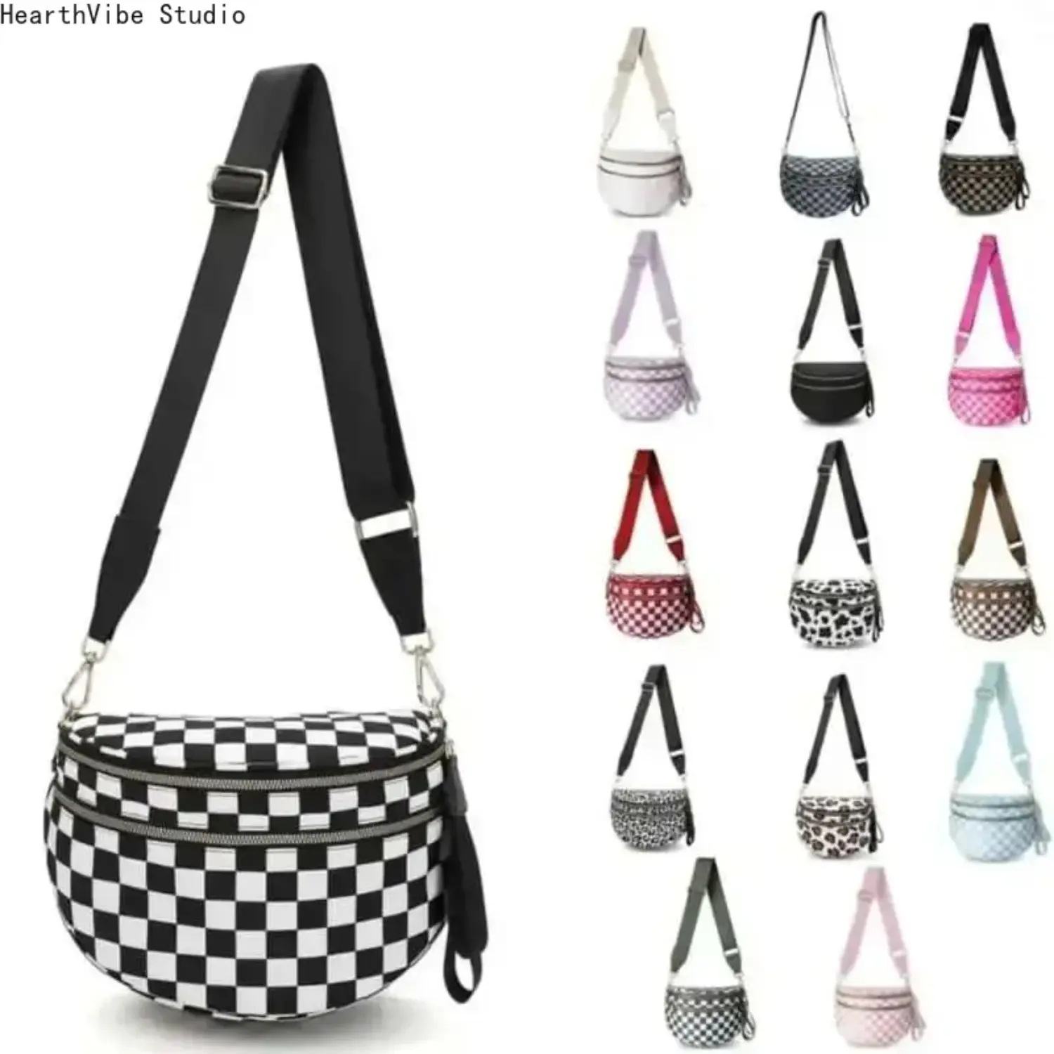 2026 Women Checkered Nylon Fanny Pack Y2K Trendy Crossbody Belt Bag Adjustable Strap Sling Purse Large Capacity Waist Pouch for Outdoor Festival,summerwins,father'sdaygifts,campingessentials,campinggear