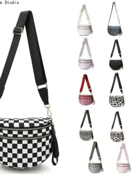2026 Women Checkered Nylon Fanny Pack Y2K Trendy Crossbody Belt Bag Adjustable Strap Sling Purse Large Capacity Waist Pouch for Outdoor Festival