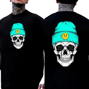 Mint Green Beanie Double-Sided Skull Print T-Shirt Designer Original Pattern Top Streetwear Casual Y2K Unisex Round Neck Top Cotton Soft Stylish Outfit
