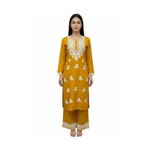 #LKH-10 Elegant Mustard Yellow Chikankari Embroidered Kurta & Palazzo Set