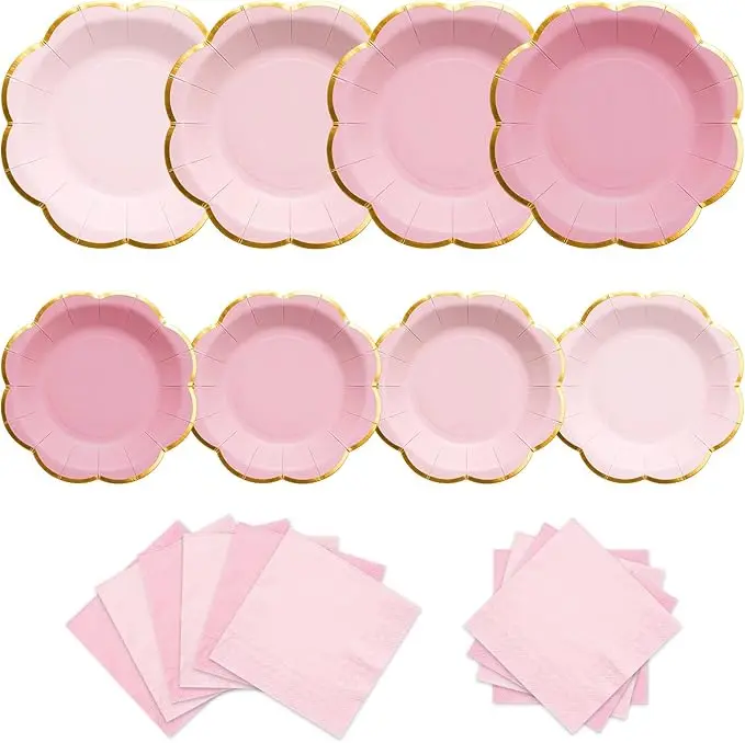 Pink Plates and Napkins Party Supplies for 20 Guests, Pink Scalloped Paper Plates with Gold Rim, Mother's Day Elegant Disposable Tableware Set for Birthday Tea Party, 60 PCS