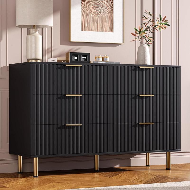 Fluted 6 Drawer Dresser for Bedroom,47.2 in Wide Modern Chest of Drawers with Deep Drawers,Large Double Dresser TV Stand,Wooden Organizer for Living Room,Hallway,Kids Room,Black