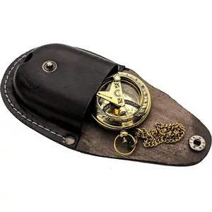 Antique Brass Sundial Compass with Leather Case Push Button 5 Cm Dia Antique Finish Vintage Compass with Long Chain Ideal for Birthday Baptism Gift