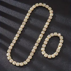 2 pcs/set hip hop stainless steel chain necklace and bracelet set, 10mm width square chain iced out rhinestone necklaces, fashion charm jewelry for men