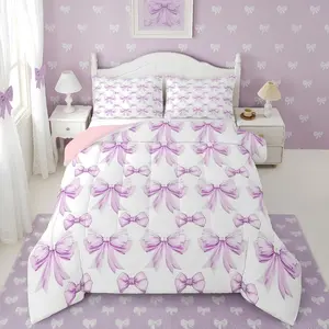 Purple Bow Comforter Set for Girls - Cute Bows Bedding Set for Kids Teen,Purple Bow Tie Princess Quilt,Ribbon Bowknot Aesthetic Bedroom Decor