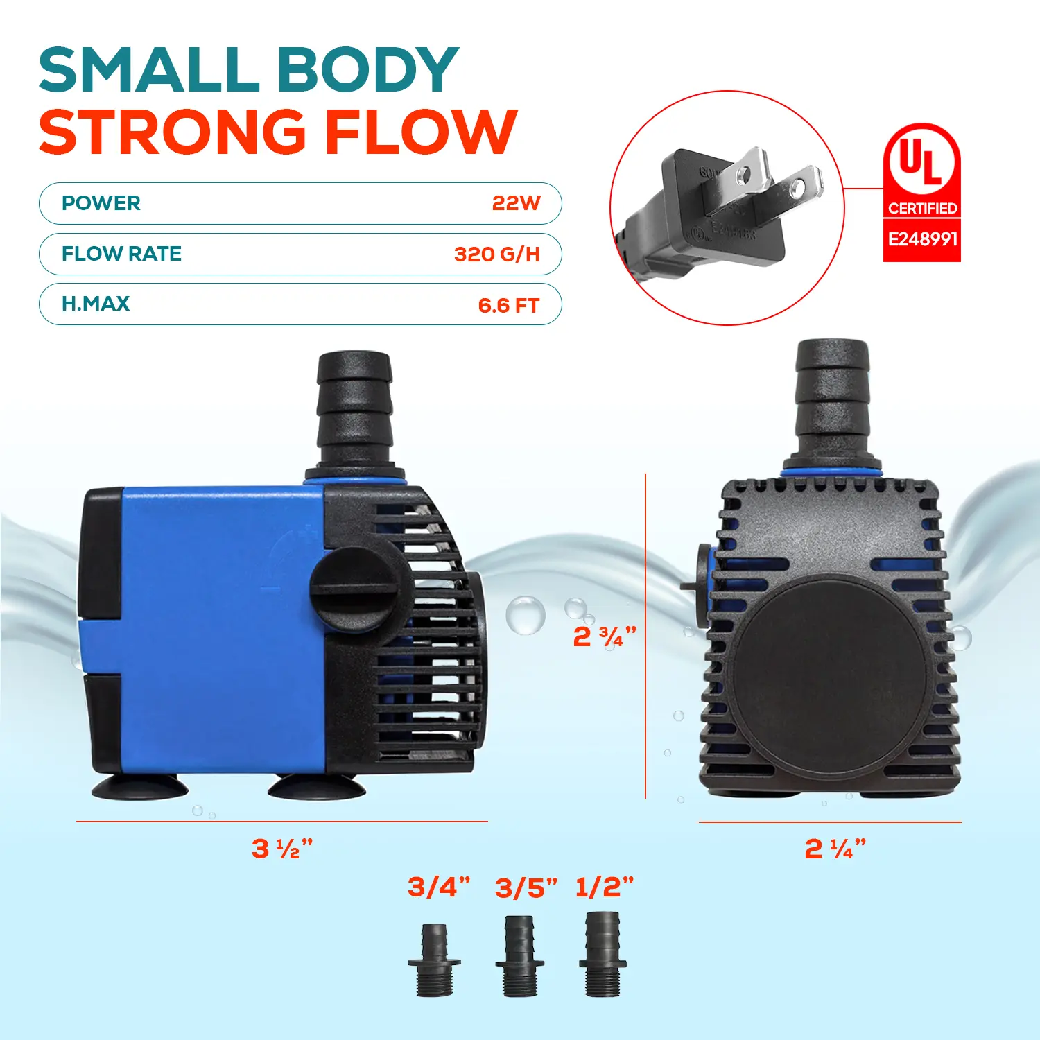 Aqua Dream 800 GPH Submersible Water Pump - 9.1 ft Lift, Adjustable Flow, UL Certified for Pond, Fountain, Hydroponic Water Circulation Use, Water Circulation Pump
