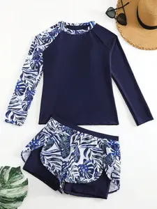 Tropical Print Patchwork Tankini, Long Sleeve Two-Piece Summer Beach Swimwear