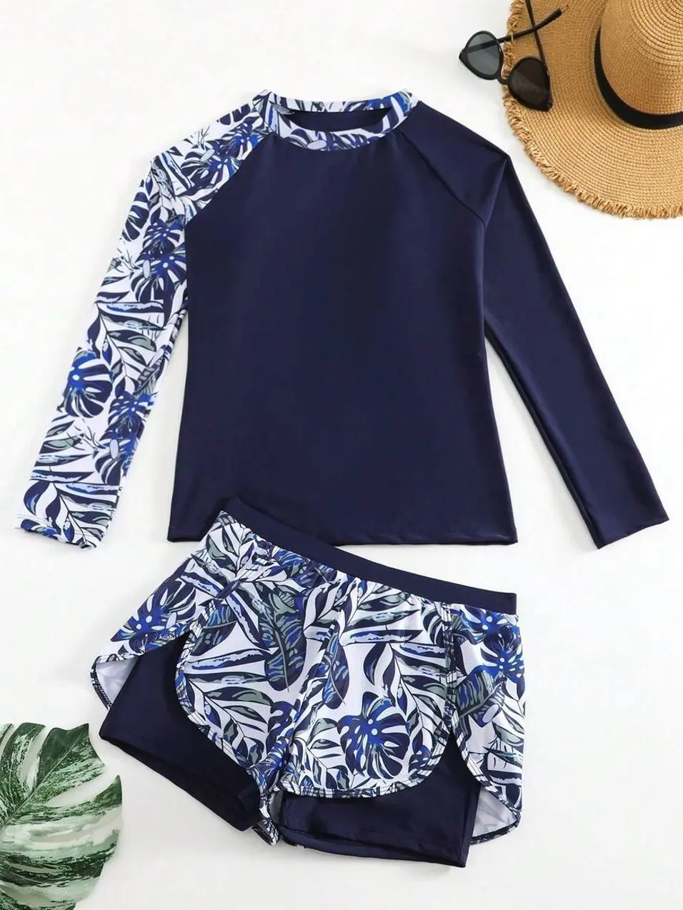 Tropical Print Patchwork Tankini, Long Sleeve Two-Piece Summer Beach Swimwear