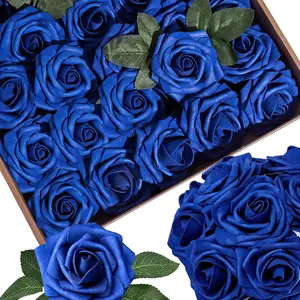 25pcs Royal Blue Artificial Flowers Foam Fake Azul Rose with Stems 8 Leaves Real Looking Faux Roses for Wedding Bouquets Bridal Shower Centerpieces Arrangements Party Tables Decorations DIY