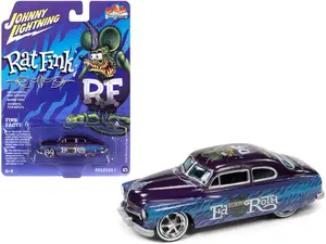 1949 Mercury Coupe Custom Purple Metallic with Graphics "Rat Fink" "Pop Culture" 1/64 Diecast Model Car by Johnny Lightning