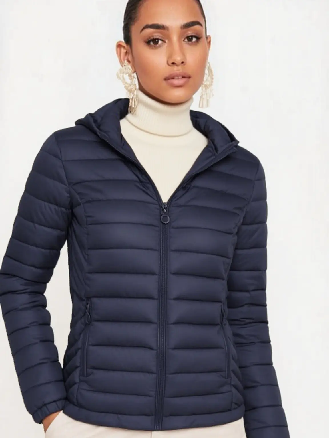 Women's Solid Zip Up Hooded Winter Coat, Casual Long Sleeve Pocket Outerwear for Fall & Winter, Women's Clothing for Daily Wear