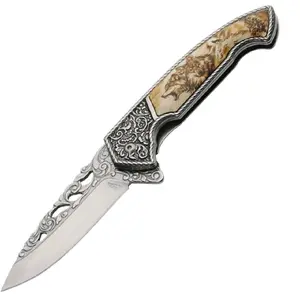 Fancy Wolf Themed Folding Knife with Display Box and Pocket Clip