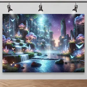 Enchanted Waterfall Forest Dream Backdrop, Polyester Studio Background, Magical Landscape with Butterflies and Mystical Lighting, for Photography and Events
