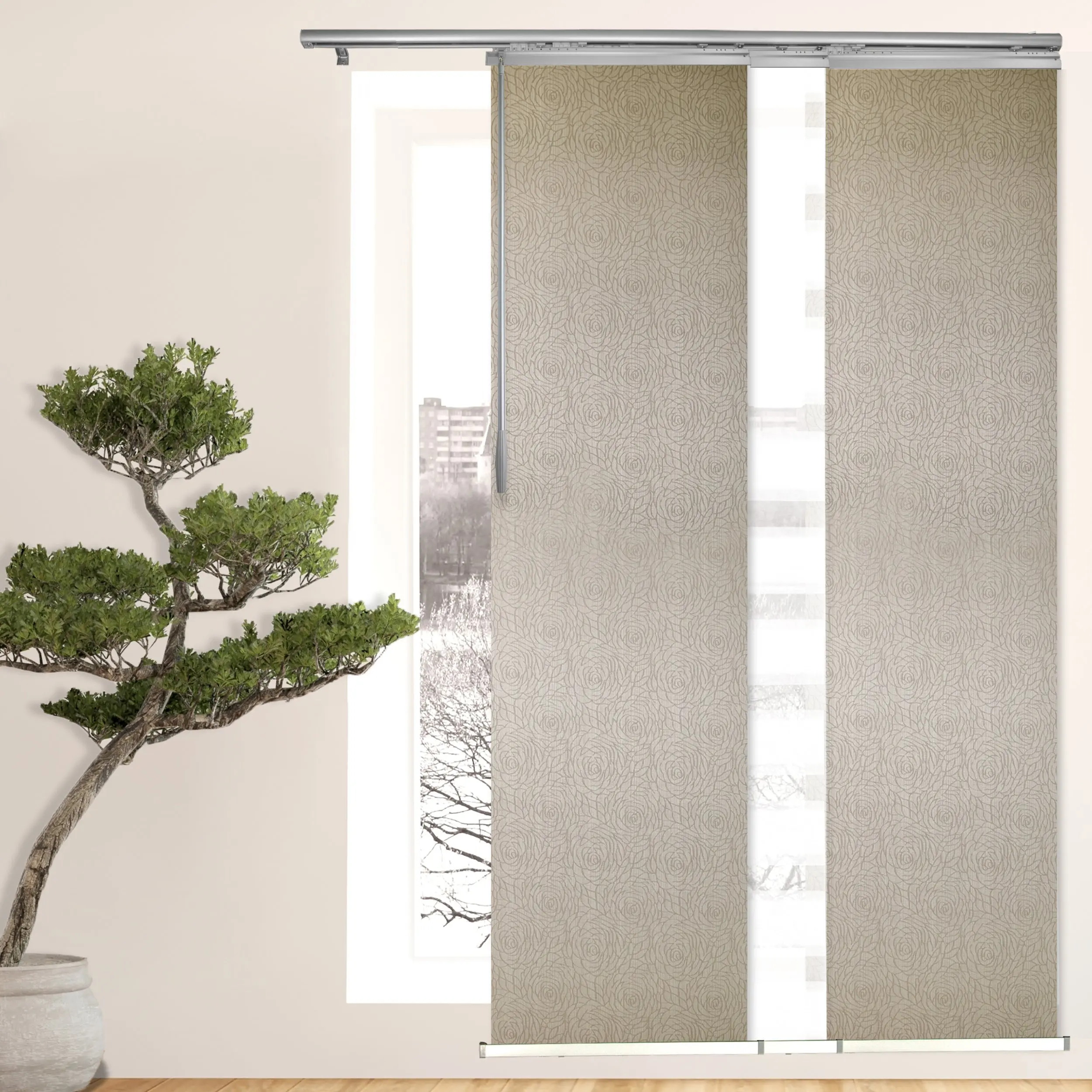 3-Panel Single Rail Panel Track Blind Extendable 36"-66"W x 91.4"H, Panel width 23.5", Macadamia, Iris