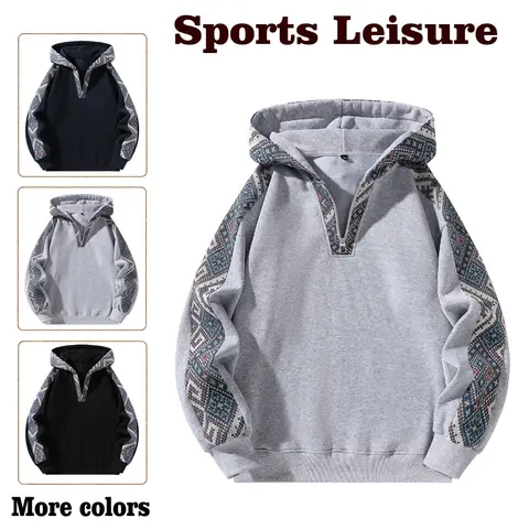 Men's Culturally-Inspired Colorblock Quarter-Zip Hoodie - Long-Sleeve Machine-Washable Pullover Casual Fit Outerwear, Menswear Tops for Casual, Emo Outfits, Colorblock Hooded Sweatshirts,sohochic