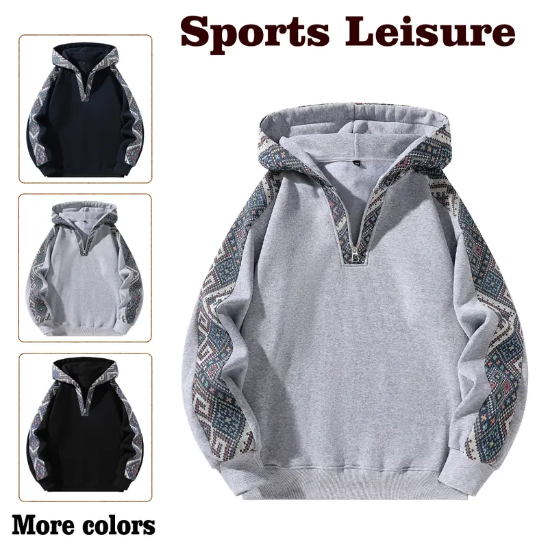 Men's Culturally-Inspired Colorblock Quarter-Zip Hoodie - Long-Sleeve Machine-Washable Pullover Casual Fit Outerwear, Menswear Tops for Casual, Emo Outfits, Colorblock Hooded Sweatshirts,sohochic