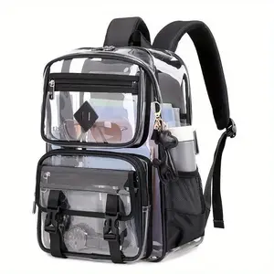 Clear Backpack with Multiple Pockets for School, Travel, and Work � C Stylish and Durable Organizer with Front Zipper Compartments, Mesh Side Pockets, and Trendy Keychain Charm Transparent Pink