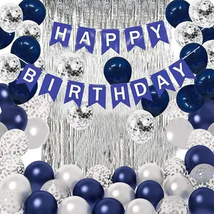 Blue Birthday Party Decorations, Happy Birthday Decorations for Men with Banner Blue Silver Confetti Latex Balloons and Foil Fringe Curtains for Men Boys HUOWA