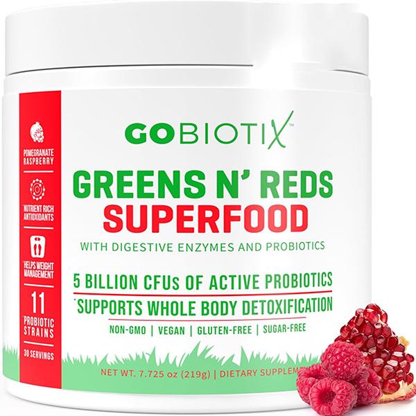 GOBIOTIX Greens Powder - Superfood with Greens and Reds - Probiotic Supplement - Digestive Enzymes and Beet Root Powder - Organic Whole Foods Dietary Supplement (Pom Raspberry, 1 Pack)