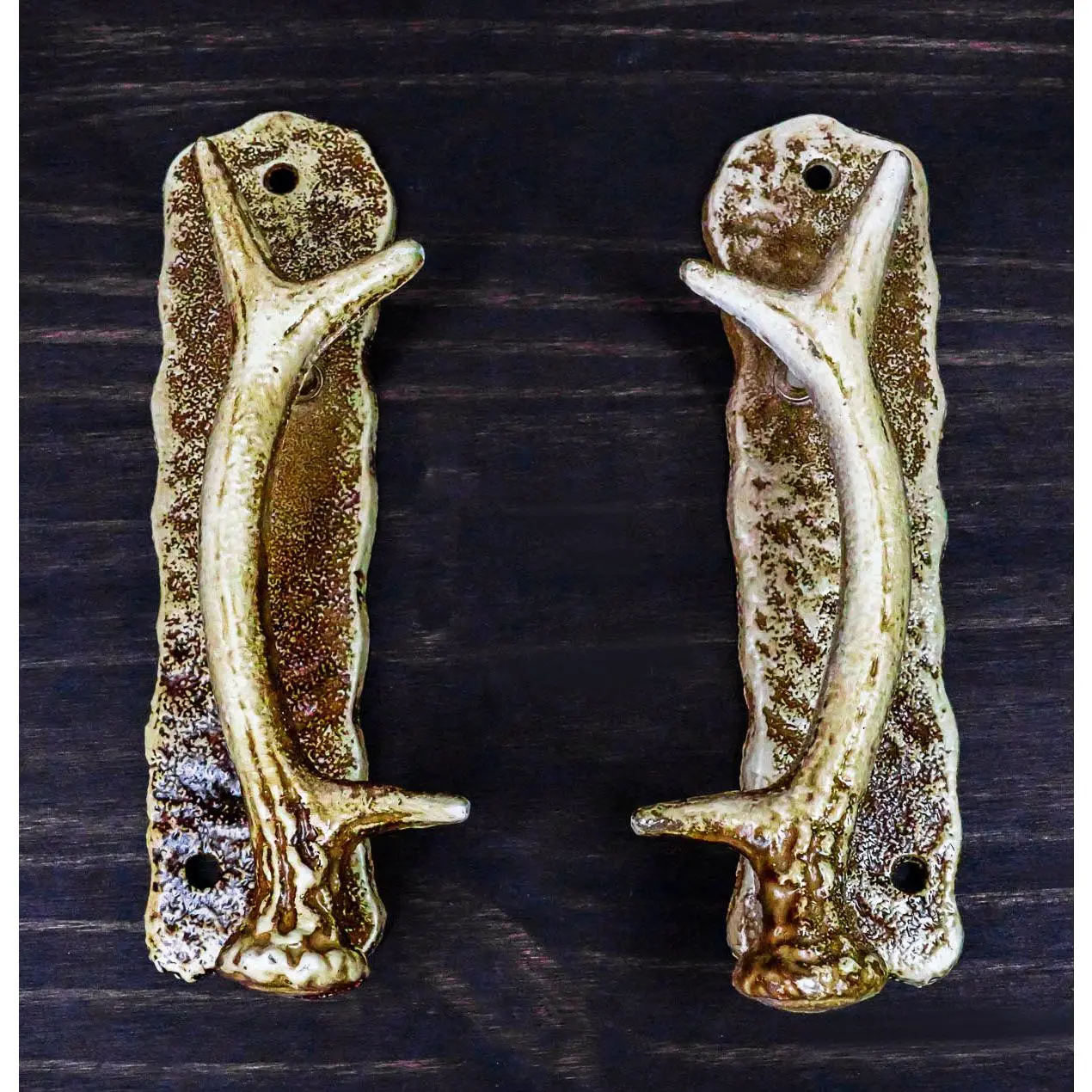 Ebros Set of 2 Western Rustic Speckled Deer Antlers Door Pull Handle Hardware Bars