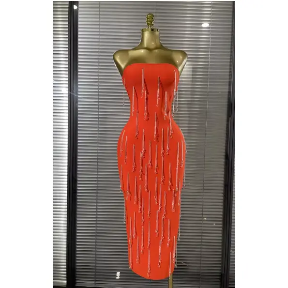 Kyleigh Orange Strapless Beading Fringes Bodycon Bandage Long Dress