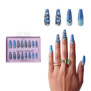 Gold Finger Glitzy 3D Press-On Nails in Heavenly – X-Long Coffin Fake Nails, Blue Ombre Butterfly & Rhinestones, Luxury Glue On Nails, 28 Pc Kit